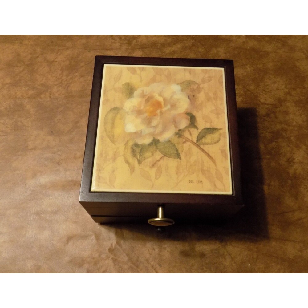 Vtg Wooden Jewelry Box Cheri Blum White Rose Painted Tile Velvet Lined Drawer